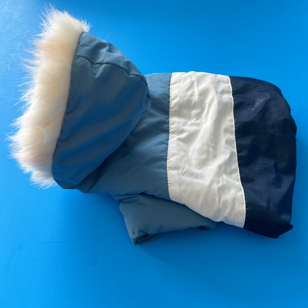 Dog Blue & White Stripe Fur Trim Hood Puffy Coat